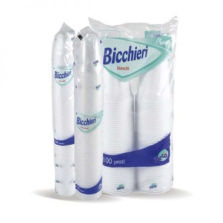Bicchieri di Plastica Monouso 200 cc. 100 pz Colore Bianco e Tasparente