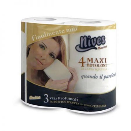 Carta Igienica Nives Maxi Lunga, 4 Rotoli Maxi, 500 Strappi -Conf. 9-