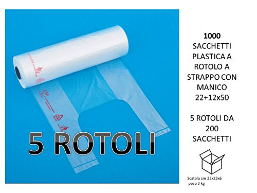 5 x 200 sacchetti plastica a rotolo a strappo con manico 22+12x50 (1000 pz totali)