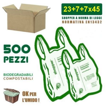 n. 500 sacchetti shoppers biodegradabili compostabili norma en13432 - cm 22+14x40