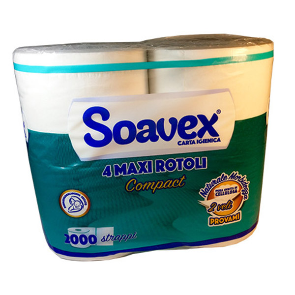 Carta Igienica Soavex Maxi Lunga, 4 Rotoli Maxi, 500 Strappi -Conf. 9-