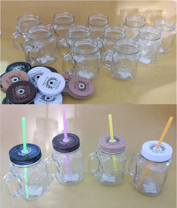 Bicchieri Barattoli in vetro 450ml + tappi con Foro per cannuccia - pz 11